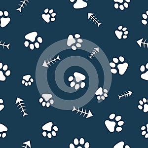 Vector, seamless pattern. Abstraction, white traces of paws of a cat, dog, fish bones on a dark blue background. For printing,