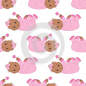 Vector Seamless Pattern with African American Baby Girl. Seamless pattern for Baby Girl Shower.