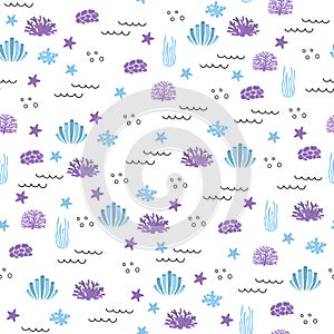 Vector seamless pattern with algae, corals.Underwater cartoon creatures.Marine background.Cute ocean pattern for fabric