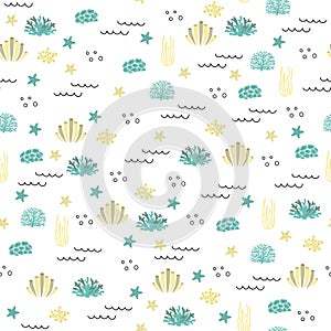 Vector seamless pattern with algae, corals.Underwater cartoon creatures.Marine background.Cute ocean pattern for fabric