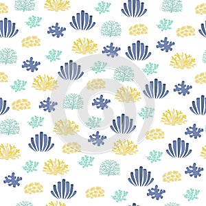 Vector seamless pattern with algae, corals.Underwater cartoon creatures.Marine background.Cute ocean pattern for fabric