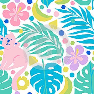 Vector seamless pattern in applique style with tropical palm leaves, fruits, flowers and monkeys