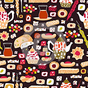 Vector seamless pattern of arabic sweets and oriental tea party. Background for a card or poster for a holiday invitation