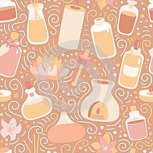 Vector seamless pattern Aromatherapy. Hand drawn doodle candles, aroma lamps and essential oil bottles on beige in modern flat sty