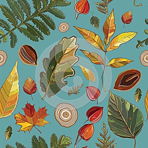 Vector seamless pattern with autumn set leaves, nuts, tree.