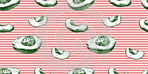 Vector Seamless Pattern, Avocados on Red and White Stripes, Exotic Fruits Background.