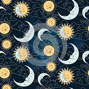 Vector seamless pattern with baby celestial bodies - moon, sun stars and clouds. Pastel hand drawn textile or wrapping design for