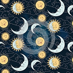 Vector seamless pattern with baby celestial bodies - moon, sun stars and clouds. Pastel hand drawn textile or wrapping design for photo