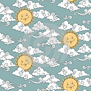 Vector seamless pattern with baby celestial bodies - sun and clouds. Pastel hand drawn textile or wrapping design for kids