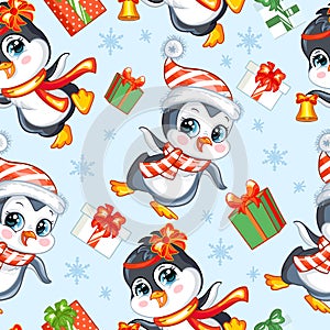 Vector seamless pattern with baby Christmas penguins