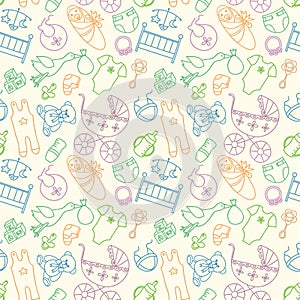 Vector seamless pattern with baby elements. Newborn clothes and