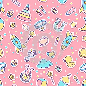 Vector seamless pattern with baby things on pink background.