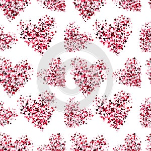 Vector seamless pattern. Backdrop with hearts. Glitter effect romantic background with red and pink tones. Stippled