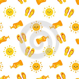 Vector seamless pattern background with cartoon summer icons. Cute smiling sun character, bottle of sunscreen and flip flops