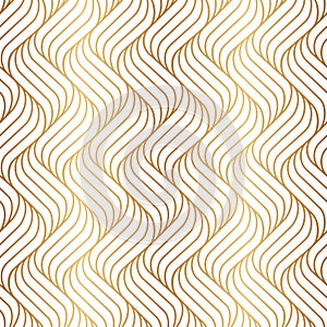 Vector seamless pattern. Background gold wavy line. Modern waves texture. Intricate pipple curly stripe. Repeating contemporary go