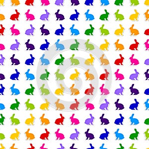 Vector Seamless Pattern Background of Multicolored Rabbit Sticker Icons.