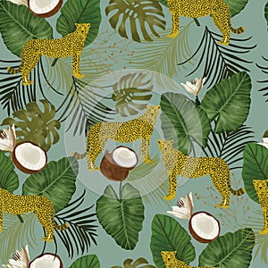 Vector seamless pattern background with tropical foliage and a lince. photo