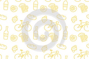 Vector Seamless Pattern with Bakery Goods, Bicycle and Beer Illustrations in Doodle Style. Abstract Stuff Background