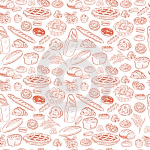 Vector seamless pattern with bakery goods - pie, bread, cookie, donut, croissant - outline isolated objects on white background. photo