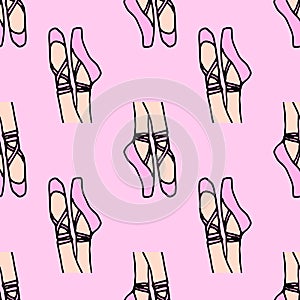 Vector seamless pattern of a ballerina`s legs in pink pointe shoes on a light pink background. hand-drawn doodle-style ballerina