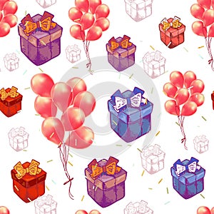 Vector seamless pattern with balloons, Gift boxes. Abstract colorful background. Design concept for holidays birthday