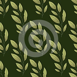 Vector seamless pattern with bay leaves twigs on dark green background.