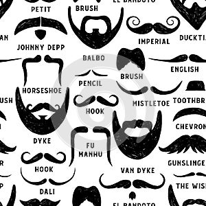 Vector seamless pattern with beards and mustaches. Hand drawn illustration with fashionable men`s styles. Linear Graphics.