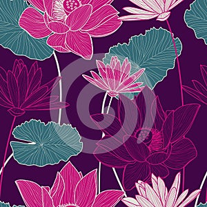 Vector seamless pattern with beautiful pink lotus flower and gre