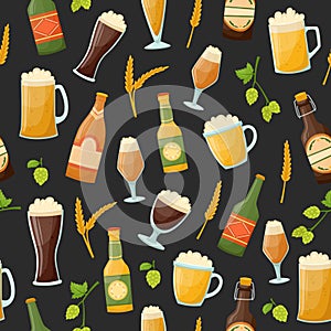 Vector seamless pattern with beer mugs, bottles, barley and hops. Alcoholic beverages