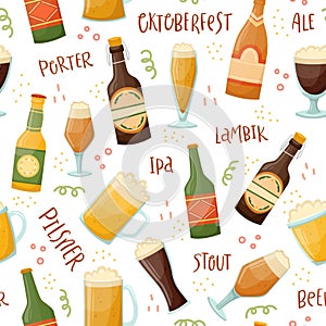 Vector seamless pattern with beer mugs, bottles and beer lettering. Alcoholic beverages