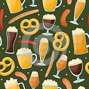 Vector seamless pattern with beer mugs, bottles, German sausages and pretzels. Alcoholic beverages