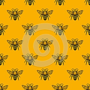 Vector seamless pattern with bees. Black and yellow texture