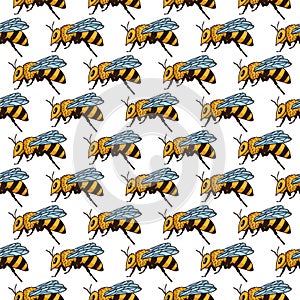 Vector seamless pattern with bees, leaves and flowers. Black and yellow texture.