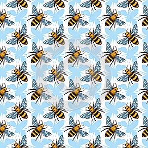 Vector seamless pattern with bees, leaves and flowers. Black and yellow texture.