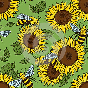 Vector seamless pattern with bees, leaves and flowers. Black and yellow texture.