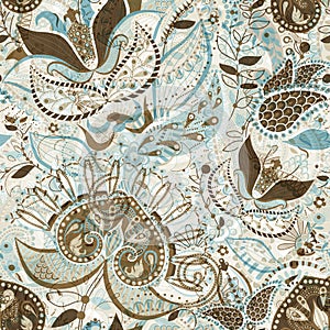 Vector seamless pattern with big decorative flowers. Blue and brown floral wallpaper