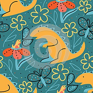 Vector seamless pattern with big and small tyrannosaurs on the background of butterflies and flowers Illustration with dinosaurs