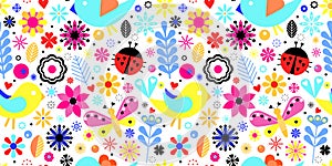 Vector seamless pattern with bird, flower, butterfly and ladybird.