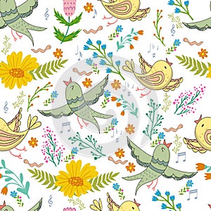 Vector seamless pattern of birds and flowers in cartoonish style.