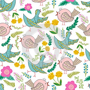 Vector seamless pattern of birds and flowers in cartoonish style.