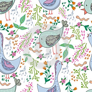 Vector seamless pattern of birds and flowers in cartoonish style.