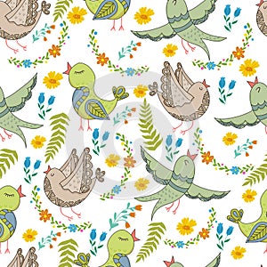 Vector seamless pattern of birds and flowers in cartoonish style.