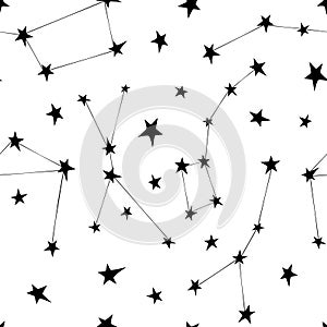 Vector seamless pattern of black different constellations on white background. Astronomy, space texture, design