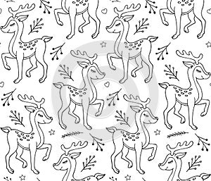 Vector seamless pattern of black doodle deer