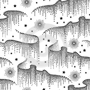 Vector seamless pattern with black dotted swirls of Aurora borealis or northern light on the white background with stars.