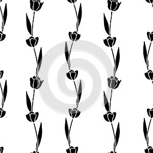 Vector seamless pattern with black flat tulip flowers. Hand drawn cute texture, backdrop for wrapping paper, textile