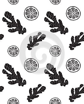 Vector seamless pattern of black ginger and lemon