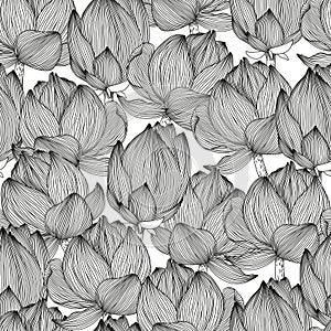 Vector seamless pattern with black hand drawn abstract lotus flowers isolated on white background. Monochrome floral illustration