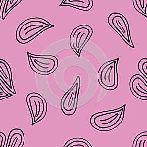 Vector seamless pattern of black hand-drawn heart shaped rose petals isolated on a pink background