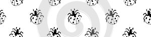 Vector seamless pattern of black outline cute ladybugs in doodle flat style. Background and texture